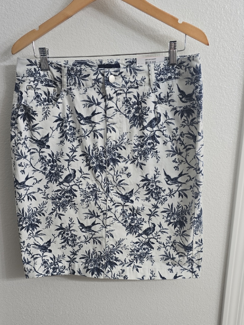 Denim Charter Club White Skirt with Navy Floral And Bird Toile Print